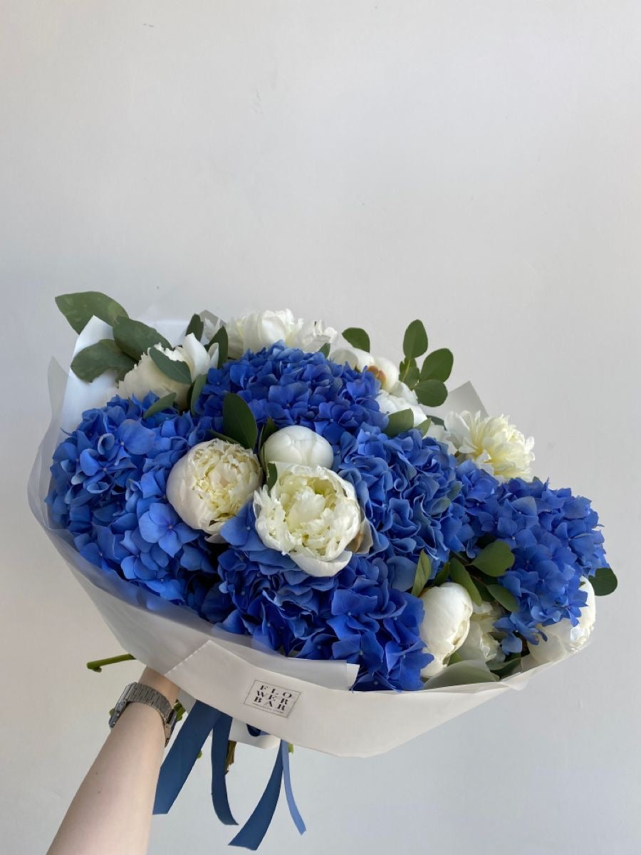 Luna Bouquet- Blue Hydrangeas and White Peonies