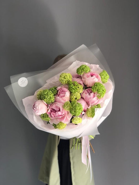 Camila Bouquet- Green Hydrangeas and Pink Peonies