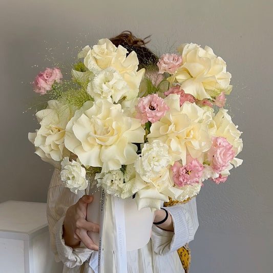 Layla Bouquet Box- White French Roses and Eustoma